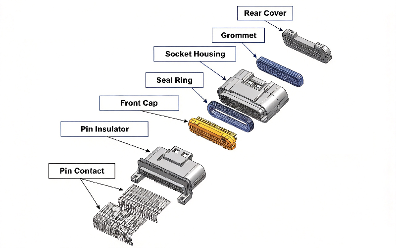 Exploded view of HRB waterproof wire-to-wire connector showing pin contacts, pin insulator, front cap, seal ring, socket housing, grommet and rear cover Explosionszeichnung des wasserdichten HRB-Kabel-zu-Kabel-Steckverbinders mit Stiftkontakten, Stiftisolator, vorderer Kappe, Dichtungsring, Buchsengehäuse, Tülle und hinterer Abdeckung