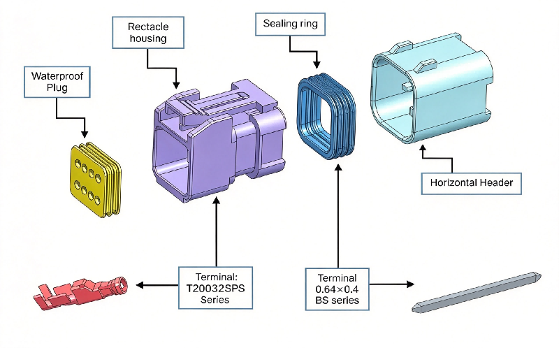 Exploded view of HRB 2.0mm cost-effective type dual‑row wire‑to‑board waterproof connector, housing, silicone seals, pcb header and crimp terminals Explosionszeichnung des kostengünstigen zweireihigen wasserdichten Wire-to-Board-Steckverbinders HRB 2,0 mm, Gehäuse, Silikondichtungen, Leiterplatten-Stiftleiste und Crimpanschlüsse