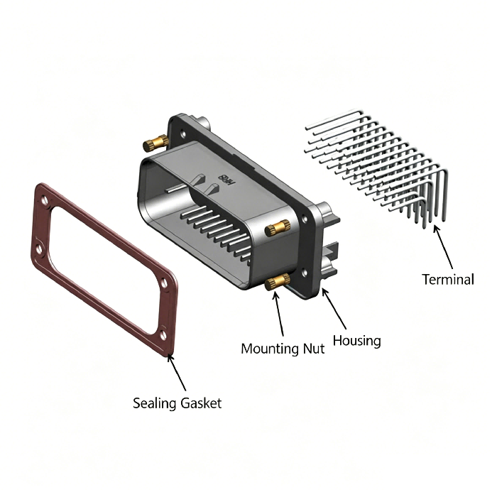 Exploded view of HRB M4021R series right angle PCB board waterproof connector Explosionszeichnung des wasserdichten rechtwinkligen Leiterplattensteckverbinders der Serie HRB M4021R