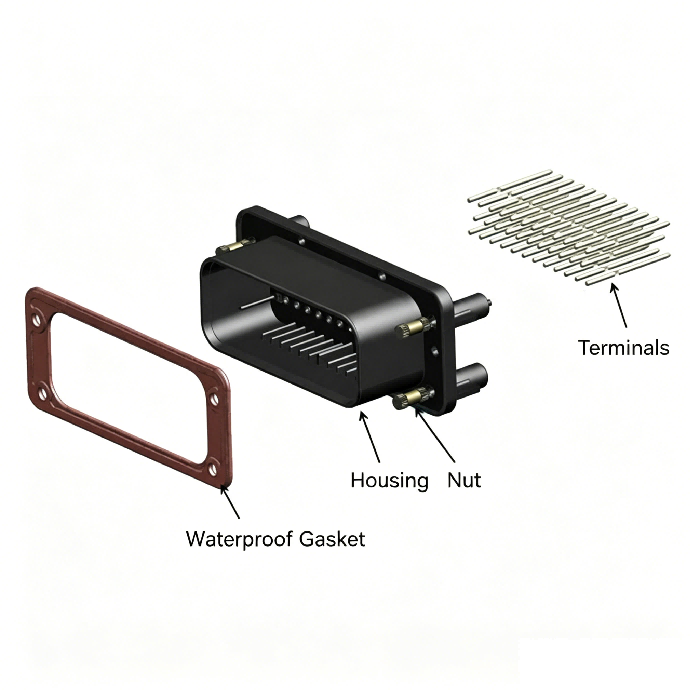 Exploded view of HRB M4021 series vertical PCB board waterproof connector Explosionszeichnung des vertikalen wasserdichten Leiterplattensteckverbinders der Serie HRB M4021