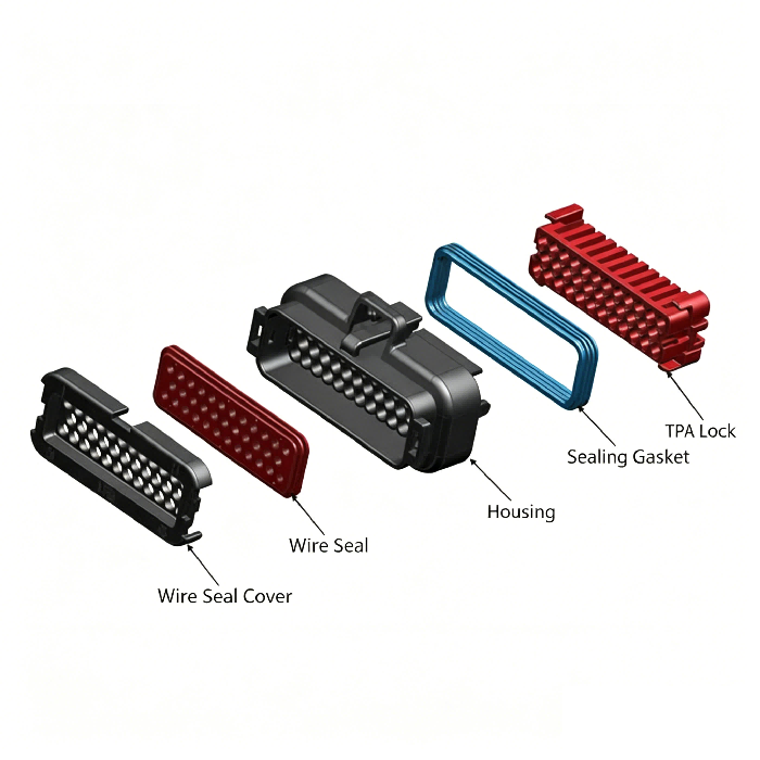 Exploded view of HRB M4022 series IP69K receptacle waterproof connector Explosionszeichnung des wasserdichten IP69K-Buchsensteckverbinders der Serie HRB M4022
