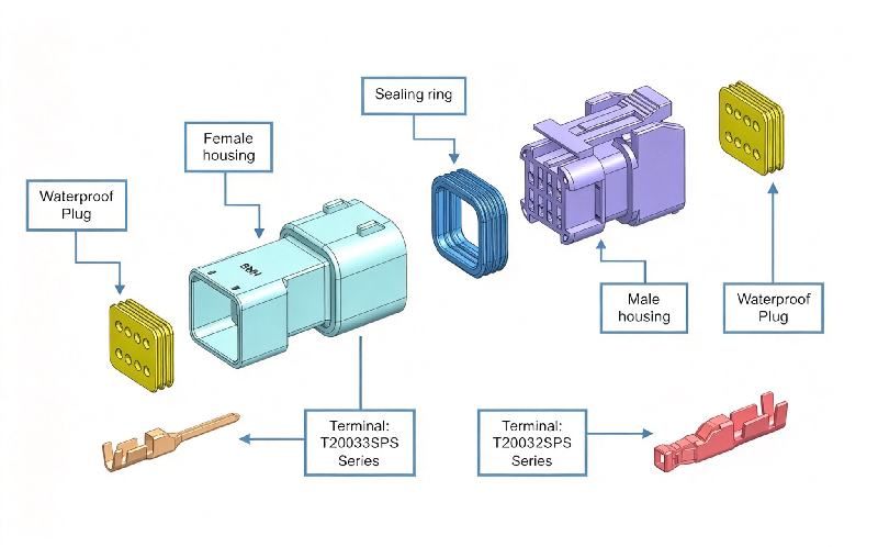 Exploded view of HRB 2.0mm cost-effective type wire‑to‑wire waterproof connector, male & female housing, silicone seals and crimp terminals Explosionszeichnung des kostengünstigen wasserdichten 2,0-mm-Draht-zu-Draht-Steckverbinders HRB, Stecker- und Buchsengehäuse, Silikondichtungen und Crimpanschlüsse