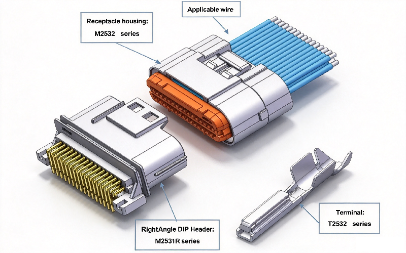 Wasserdichte Wire-to-Board-Steckverbinder mit 2,5-mm-Raster, Teilename und Teilenummer, Explosionszeichnung des Steckverbinders der Serie HRB M2532